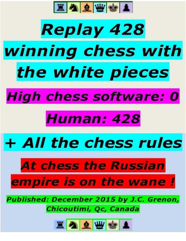Replay 428 Winning Chess With the White Pieces - High Chess Software : 0 - Human = 428 ; + All the Chess Rules