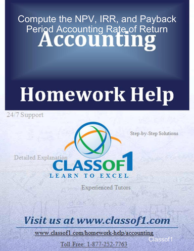 Compute the NPV, IRR, and Payback Period Accounting Rate of Return