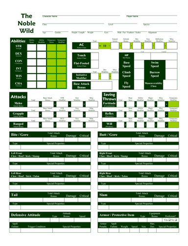 The Noble Wild: Character Sheets
