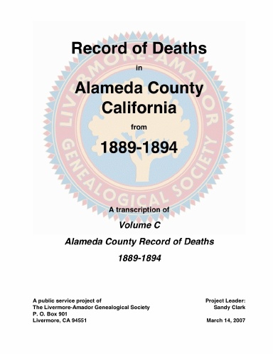 Record of Deaths in Alameda County, California from 1889-1894