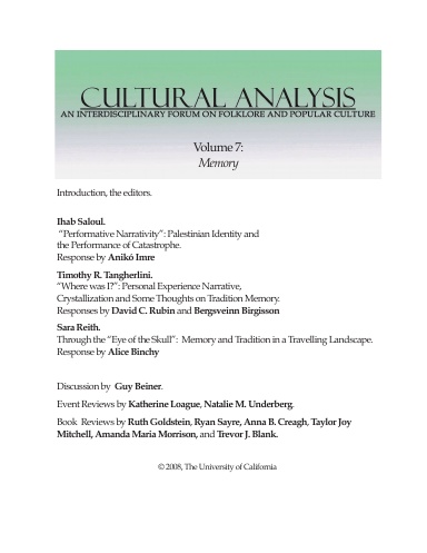 Cultural Analysis Vol. 7: Memory