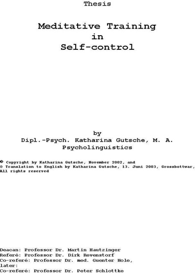 Meditative Training in Self-Control.  Method for Intractable Epilepsy.  Thesis