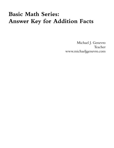 Basic Math Series: Answer Key for Addition Facts