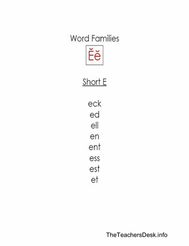 Word Families:  Short Letter 'E'