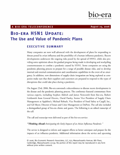 H5N1 Update - The Use and Value of Pandemic Plans - 08-23-2006