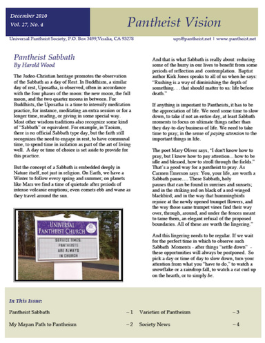 Pantheist Vision - December 2010 - Pantheist Sabbath, Varieties of Pantheism, A Mayan Path to Pantheism