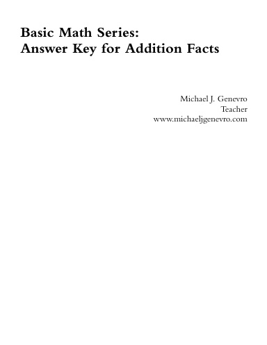 Basic Math Series: Answer Key for Addition Facts