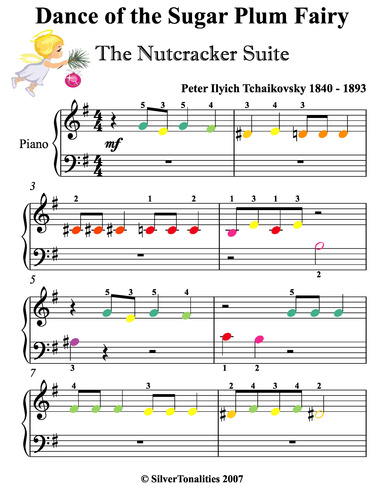 Dance of the Sugar Plum Fairy the Nutcracker Suite Peter Ilyich Tchaikovsky Beginner Piano Sheet Music with Colored Notes