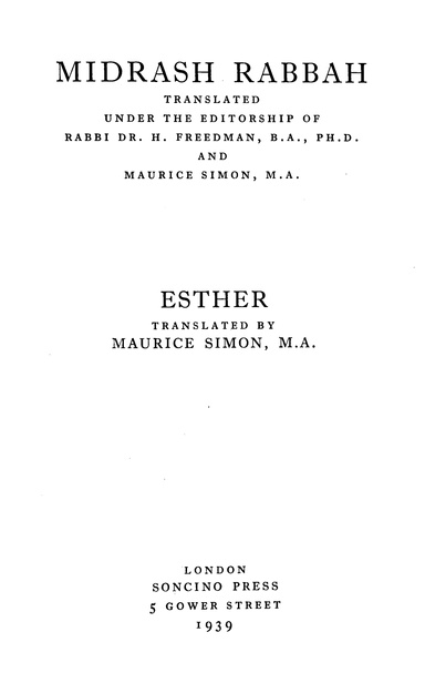 Midrash Rabbah 9, Esther & Song of Songs: By Soncino Press (PDF)