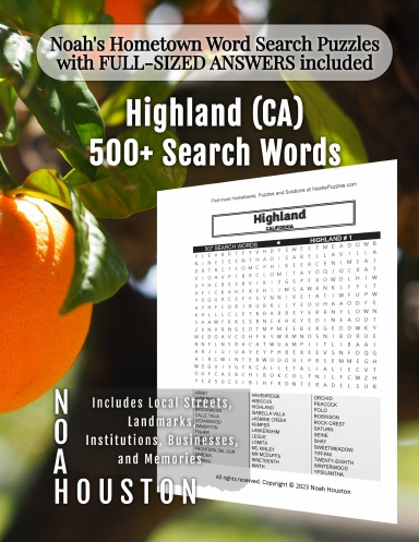 Noah’s Hometown Word Search Puzzles with FULL-SIZED ANSWERS included HIGHLAND (CA)