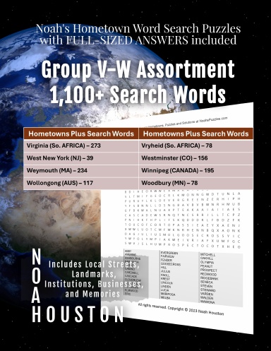 Noah’s Hometown Word Search Puzzles with FULL-SIZED ANSWERS included Group V-W Assortment