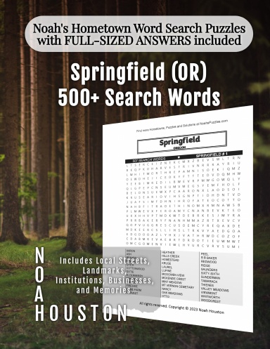 Noah’s Hometown Word Search Puzzles with FULL-SIZED ANSWERS included Springfield (OR)