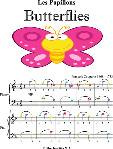 Les Papillons Butterflies Easiest Piano Sheet Music with Colored Notes