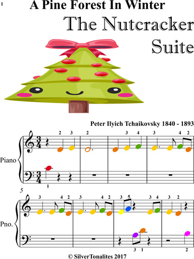 A Pine Forest in Winter Nutcracker Suite Beginner Piano Sheet Music with Colored Notes