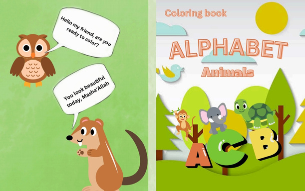 A coloring book for children and teaching them letters using the names of animals and other words