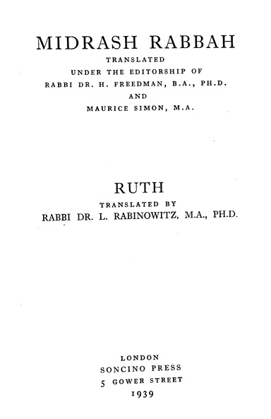 Midrash Rabbah 8, Ruth & Ecclesiastes: By Soncino Press (PDF)