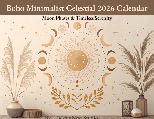 Boho Minimalist Celestial Desk Calendar 2026 — Moon Phases & Timeless Serenity
