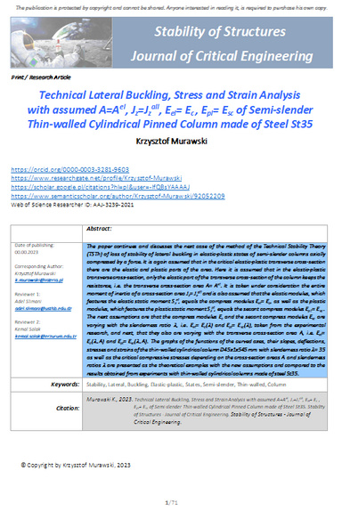 Technical Lateral Buckling, Stress and Strain Analysis with assumed A=Ael, Jz=Jzall, Eel= Ec, Epl= Esc of Semi-slender Thin-walled Cylindrical Pinned Column made of Steel St35