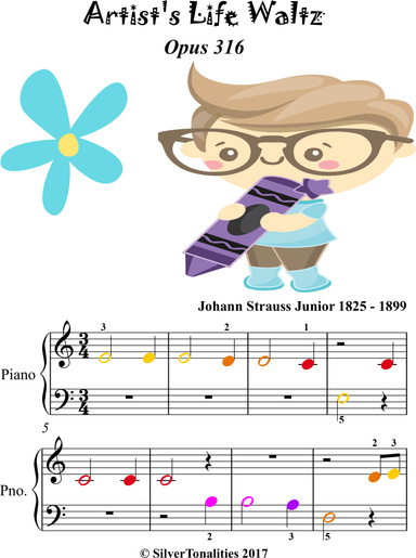 Artist's Life Waltz Opus 316 Beginner Piano Sheet Music with Colored Notes