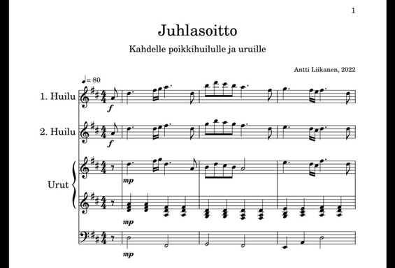 Juhlasoitto (kahdelle poikkihuilulle ja uruille)