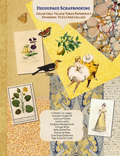 Decoupage Scrapbooking Collectible Yellow Tones Papercraft Ephemera To Cut And Collage