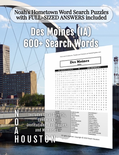 Noah’s Hometown Word Search Puzzles with FULL-SIZED ANSWERS included Des Moines (IA)