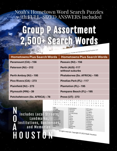 Noah’s Hometown Word Search Puzzles with FULL-SIZED ANSWERS included Group P Assortment