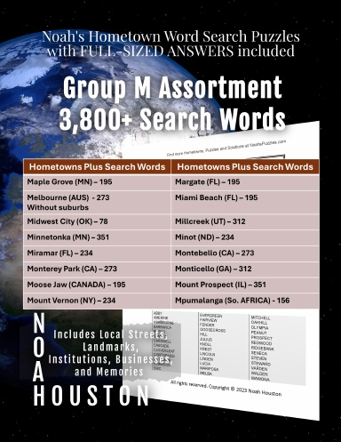 Noah’s Hometown Word Search Puzzles with FULL-SIZED ANSWERS included Group M Assortment