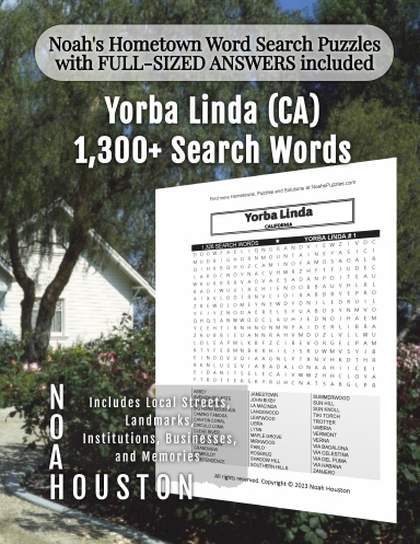 Noah’s Hometown Word Search Puzzles with FULL-SIZED ANSWERS included Yorba Linda (CA)
