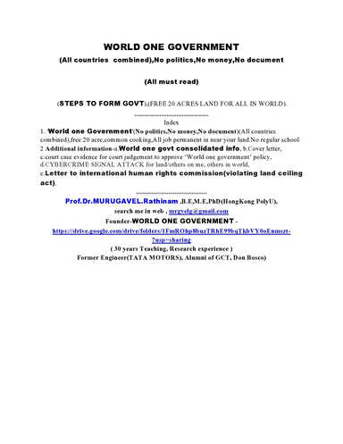 WORLD ONE GOVERNMENT(steps to form govt),All countries combined,No politics,No Money,No document.