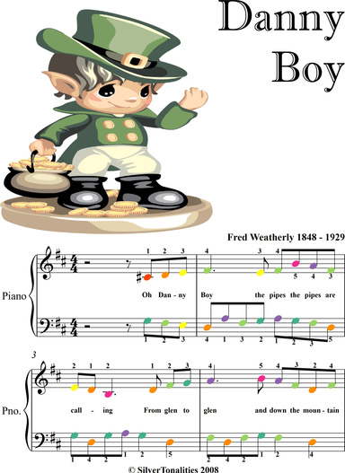 Danny Boy Easy Piano Sheet Music with Colored Notation