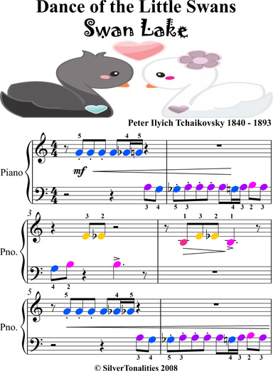 Dance of the Little Swans Swan Lake Beginner Piano Sheet Music with Colored Notes