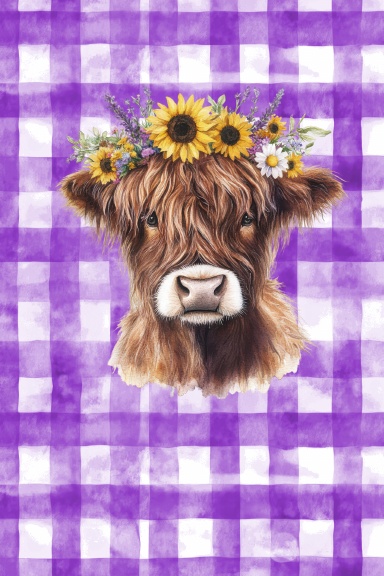 Sunflower Cow Lined Journal with Purple Gingham Background