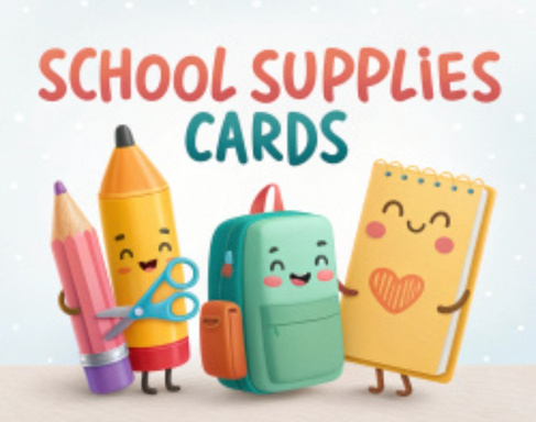 School Supplies Cards – 3D Cartoon Flashcards for Kids