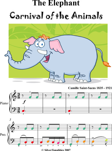 The Elephant Carnival of the Animals Easy Piano Sheet Music with Colored Notes