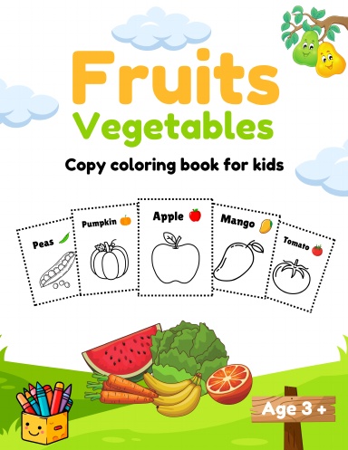 Fruits and vegetables copy coloring book for kids
