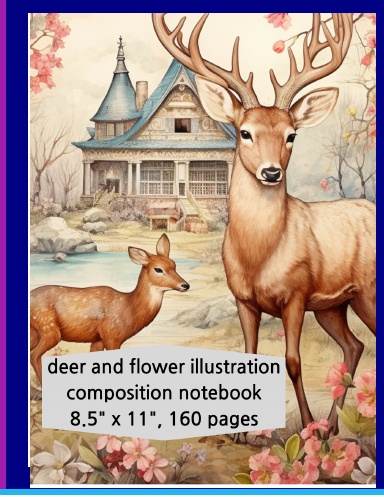 Deer and flower illustration notebook: composition notebook with combination of deer, flowers and fancy house, line ruled 160 pages