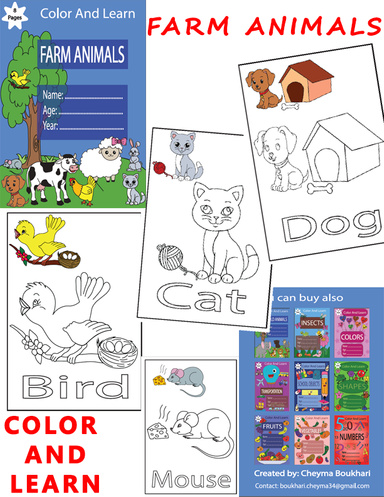 Coloring pages with cover for kids: Farm Animals (color and learn)