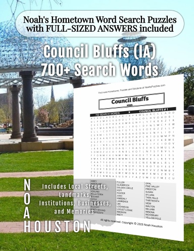 Noah’s Hometown Word Search Puzzles with FULL-SIZED ANSWERS included COUNCIL BLUFFS (IA)