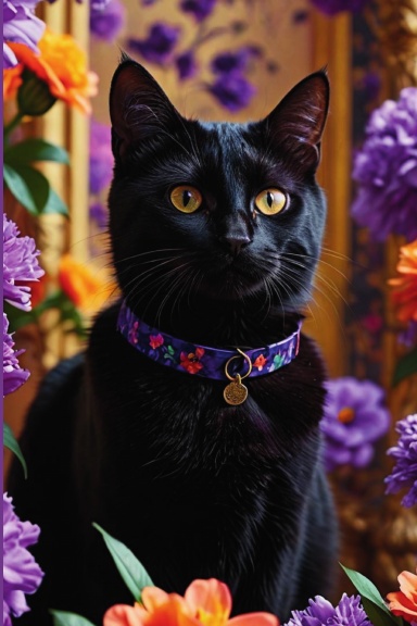 Black Cat with Purple Flowers Journal Notebook