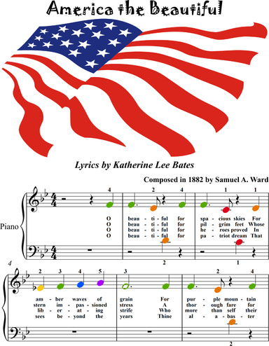 America the Beautiful Beginner Piano Sheet Music with Colored Notes