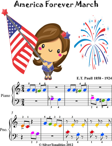 America Forever March Beginner Piano Sheet Music with Colored Notes