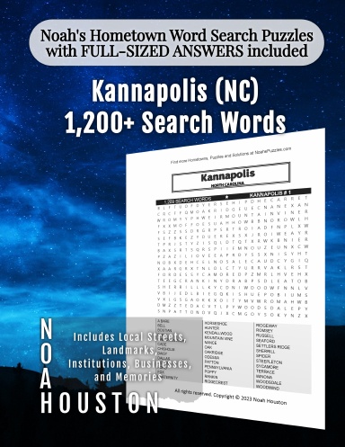 Noah’s Hometown Word Search Puzzles with FULL-SIZED ANSWERS included Kannapolis (NC)