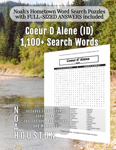 Noah’s Hometown Word Search Puzzles with FULL-SIZED ANSWERS included COEUR D ALENE (ID)