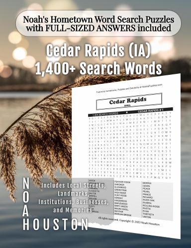 Noah’s Hometown Word Search Puzzles with FULL-SIZED ANSWERS included Cedar Rapids (IA)