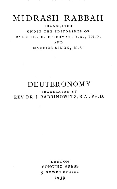 Midrash Rabbah 7, Deuteronomy & Lamentations: By Soncino Press (PDF)