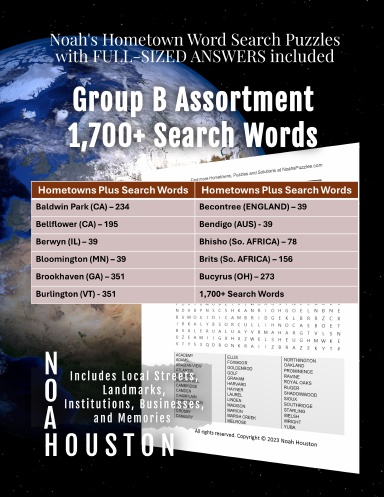 Noah’s Hometown Word Search Puzzles with FULL-SIZED ANSWERS included Group B Assortment