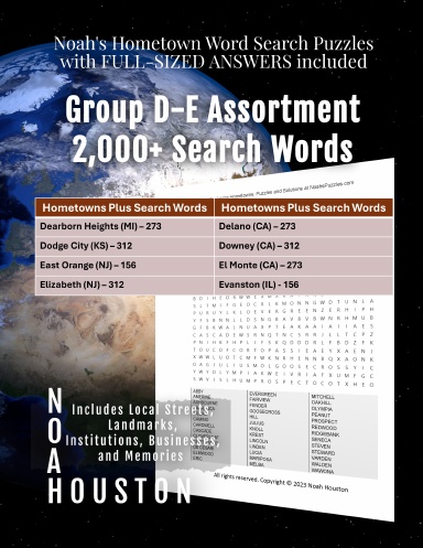 Noah’s Hometown Word Search Puzzles with FULL-SIZED ANSWERS included Group D-E Assortment