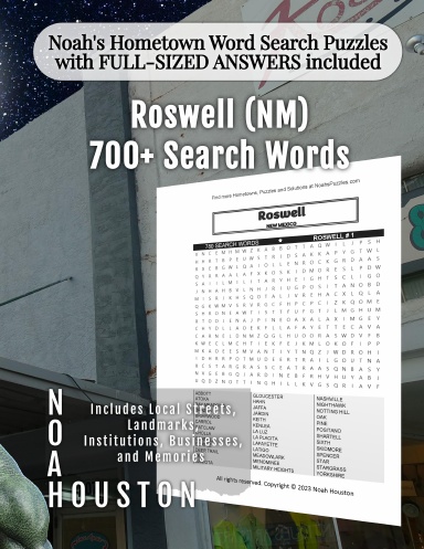 Noah’s Hometown Word Search Puzzles with FULL-SIZED ANSWERS included Roswell (NM)