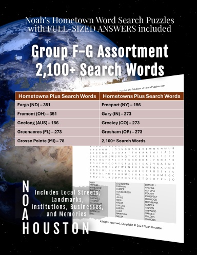 Noah’s Hometown Word Search Puzzles with FULL-SIZED ANSWERS included Group F-G Assortment
